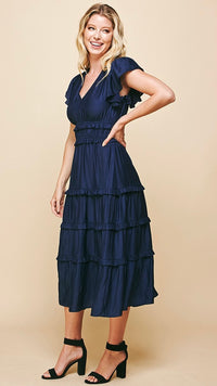 Delilah Satin Tiered Dress Navy