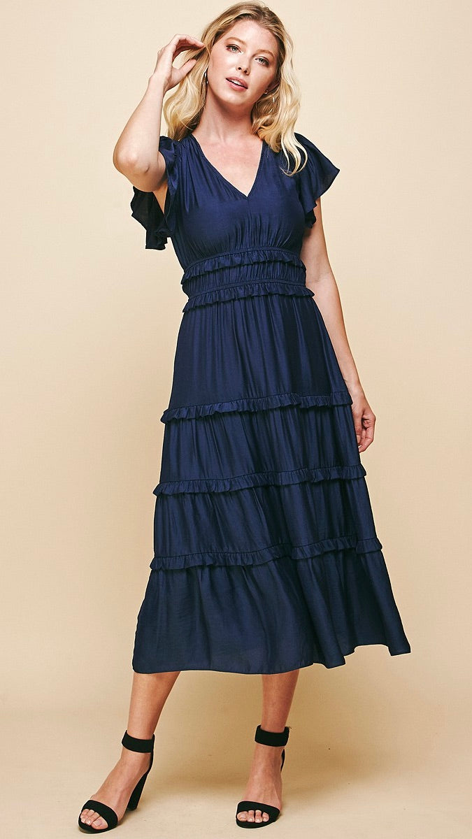 Delilah Satin Tiered Dress Navy