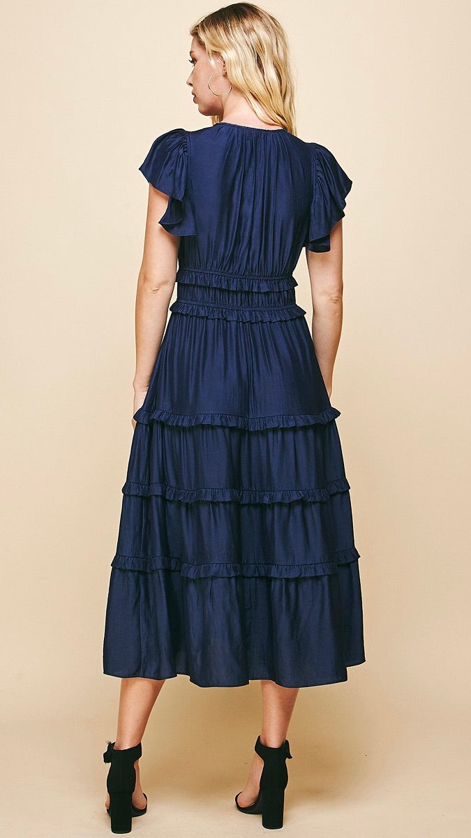 Delilah Satin Tiered Dress Navy