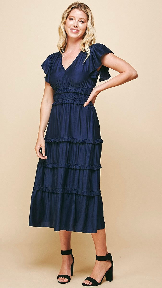 Delilah Satin Tiered Dress Navy