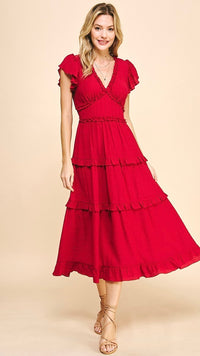 Lilly Midi V Neck Ruffle Dress Cerise