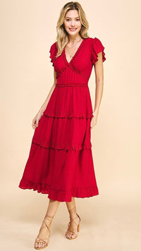 Lilly Midi V Neck Ruffle Dress Cerise