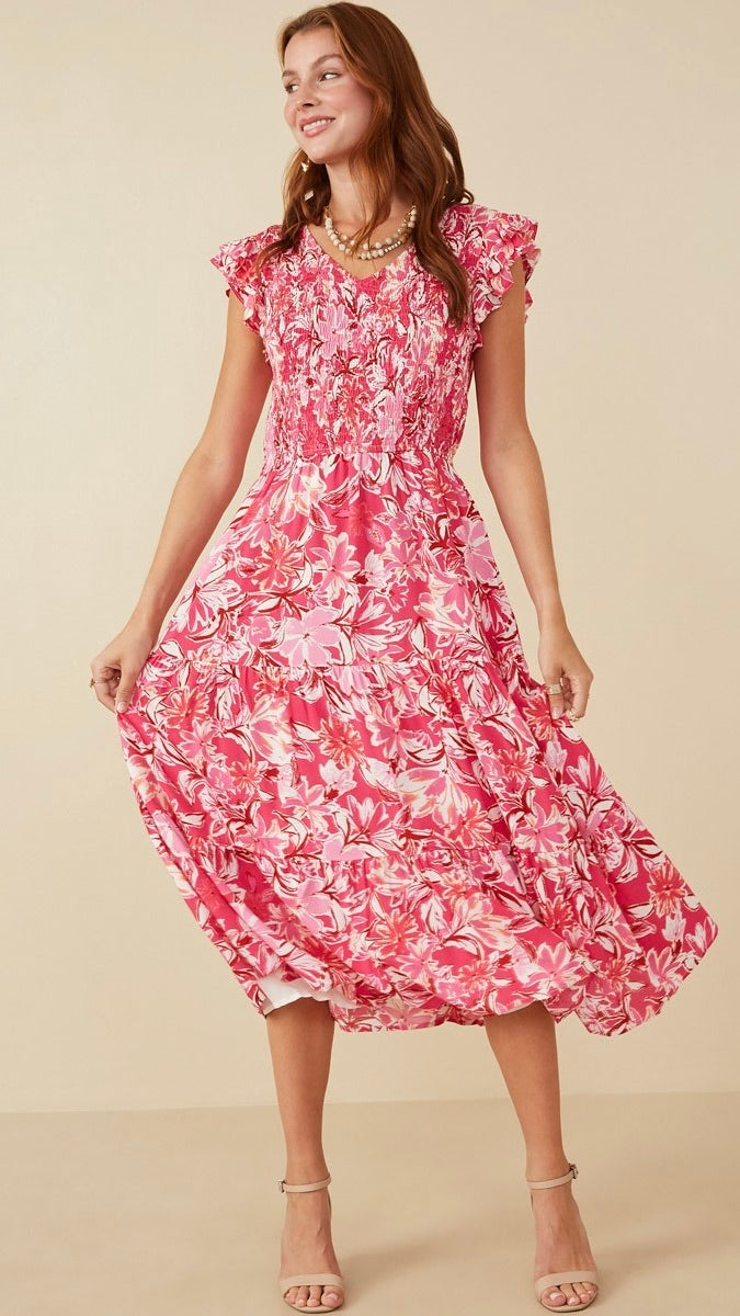 Hibiscus Print Smocked Dress Pink