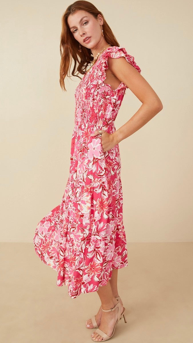 Hibiscus Print Smocked Dress Pink