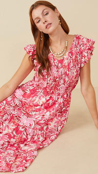 Hibiscus Print Smocked Dress Pink