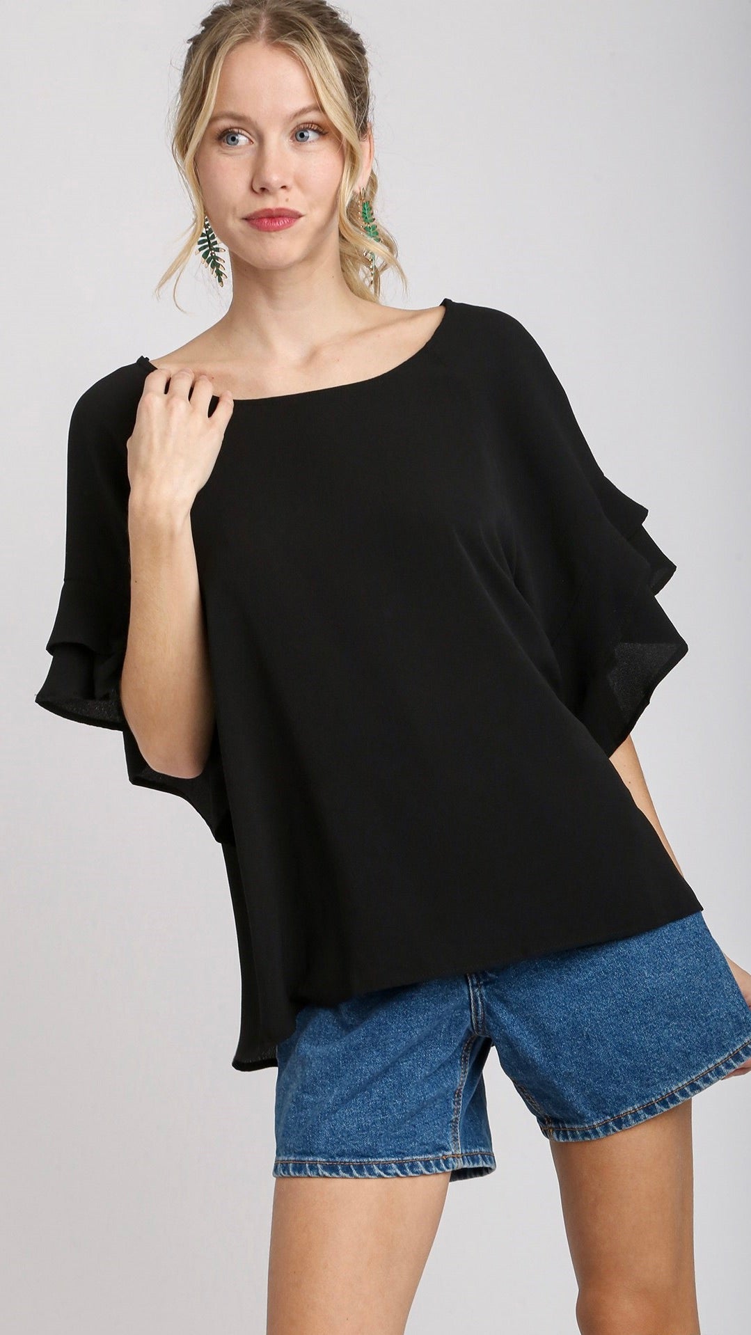 Jaz Ruffle Sleeve Top Black