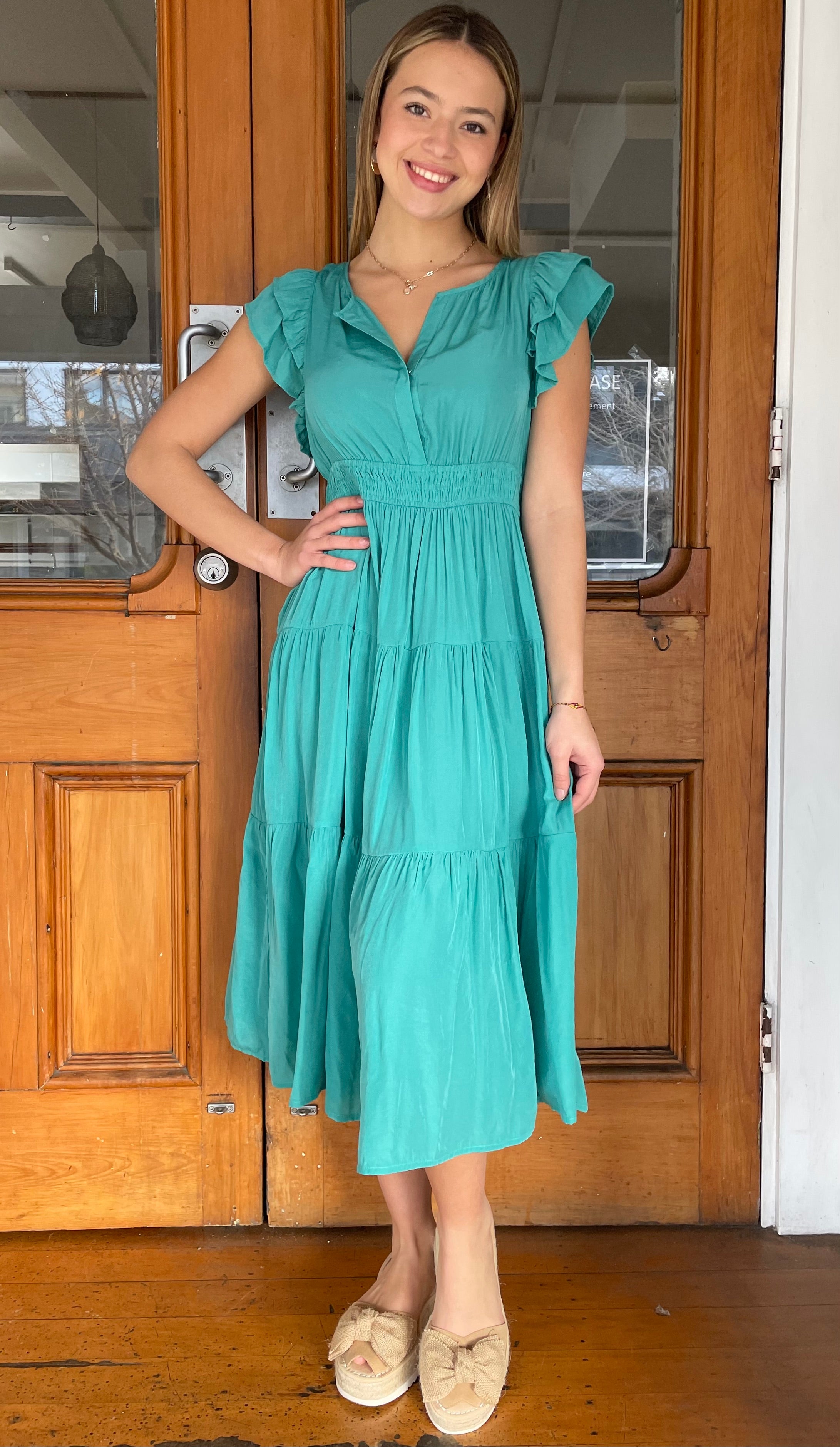 Donissa Midi Dress - Thigh Split Flutter Sleeve Dress in Blue | Showpo NZ