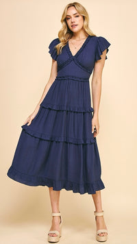 Lilly Midi V Neck Ruffle Dress Navy