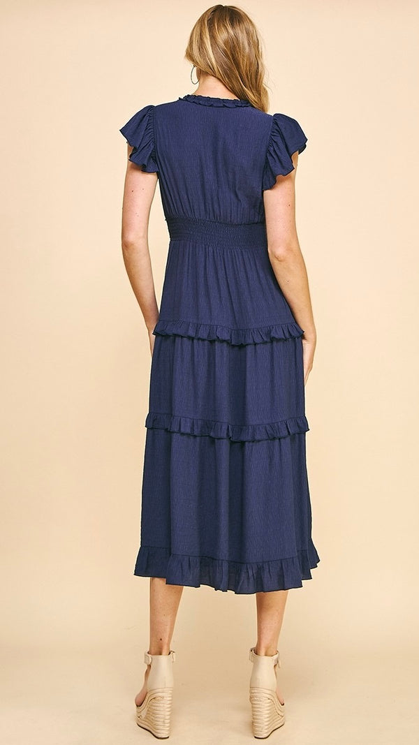 Lilly Midi V Neck Ruffle Dress Navy