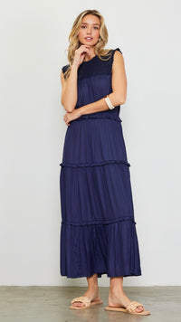 Cacie Crochet Satin Tiered Dress Navy