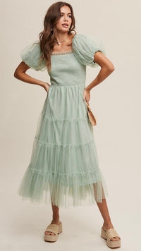 Penelope Tulle Puff Sleeve Dress Mint