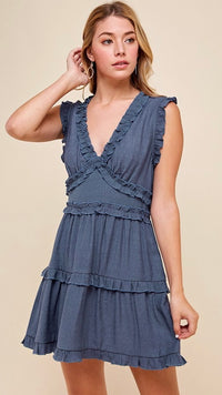 Lilly V Neck Ruffle Mini Dress Dusty Blue