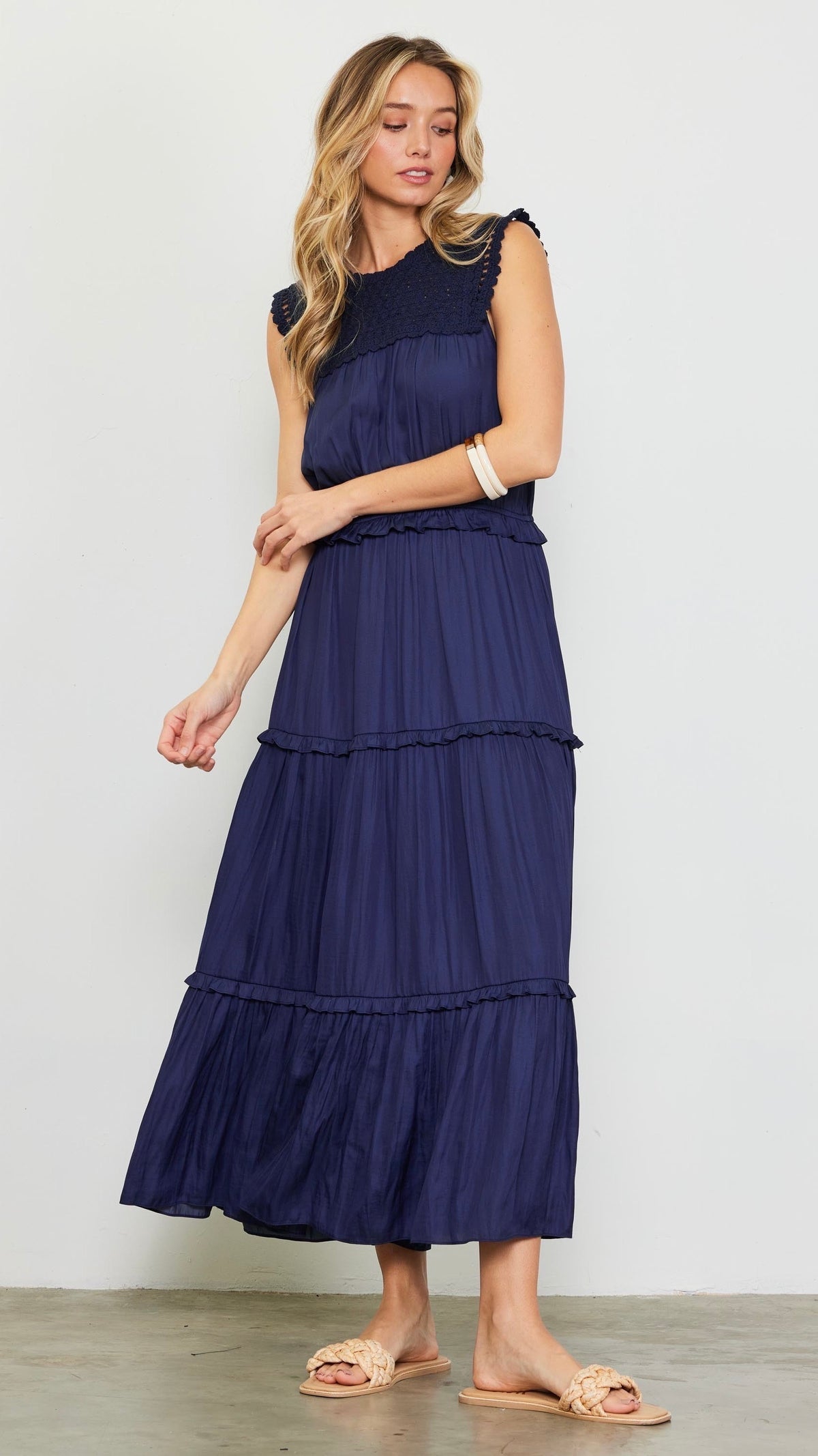 Cacie Crochet Satin Tiered Dress Navy