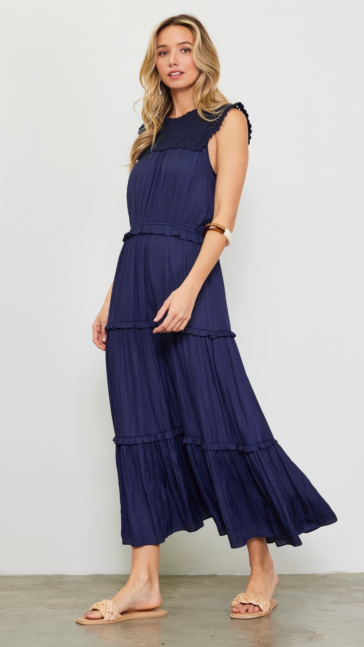 Cacie Crochet Satin Tiered Dress Navy