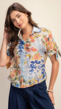 Fran Tie Sleeve Button Down Shirt Floral