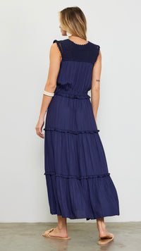 Cacie Crochet Satin Tiered Dress Navy