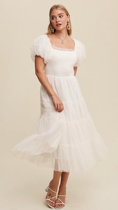 Penelope Tulle Puff Sleeve Dress Off White