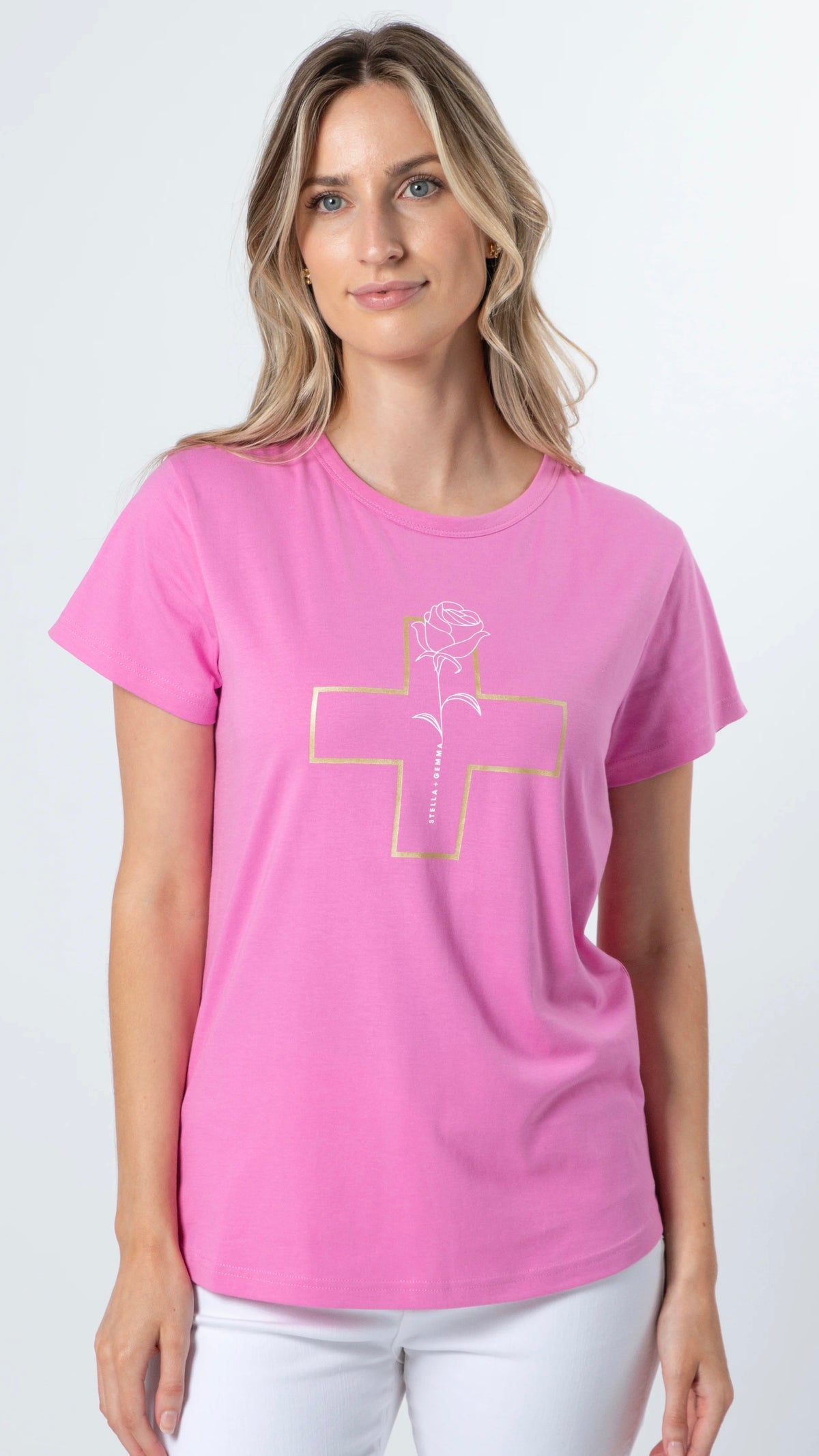 T Shirt Bubblegum White Rose Gold Cross