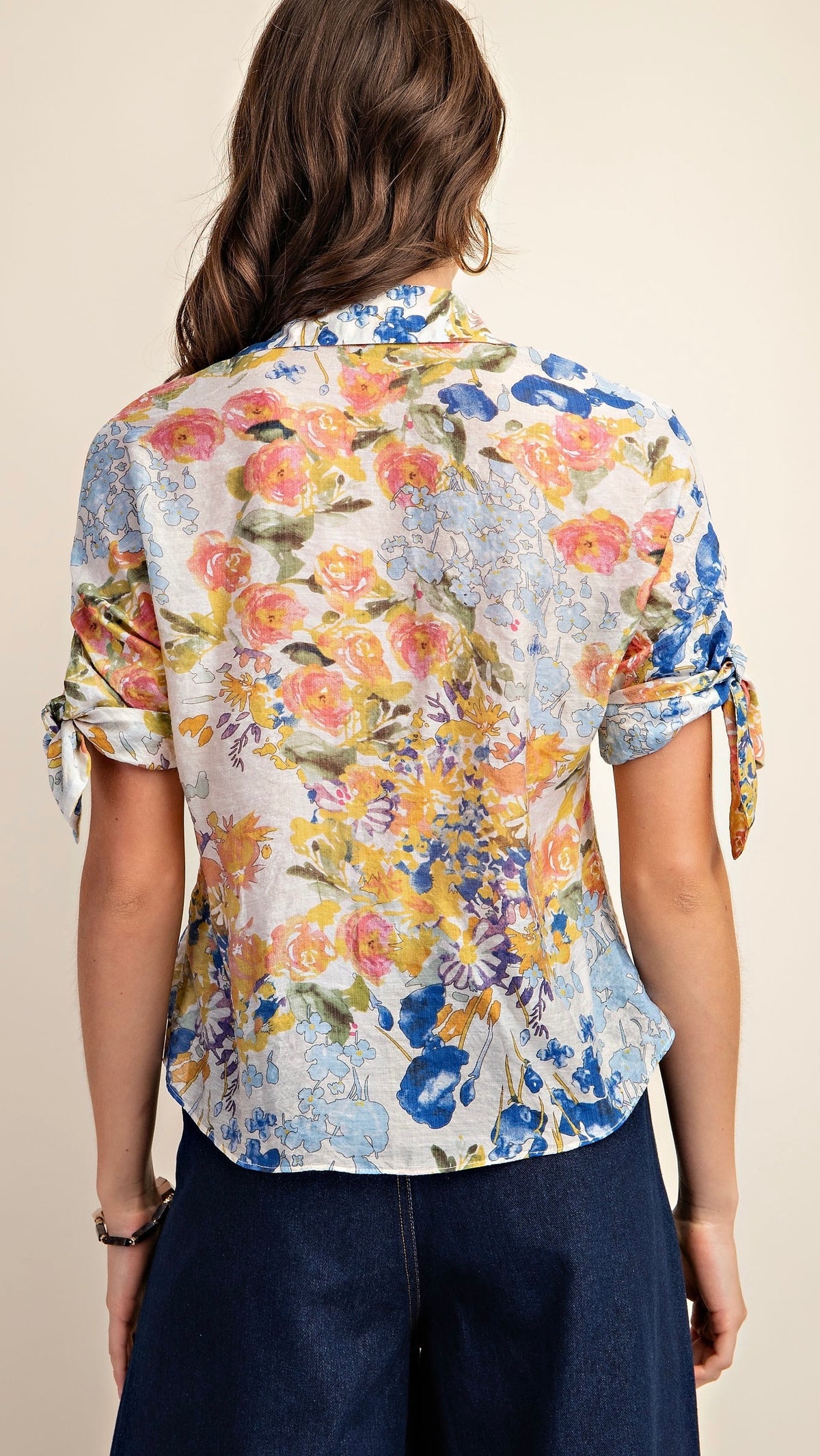 Fran Tie Sleeve Button Down Shirt Floral