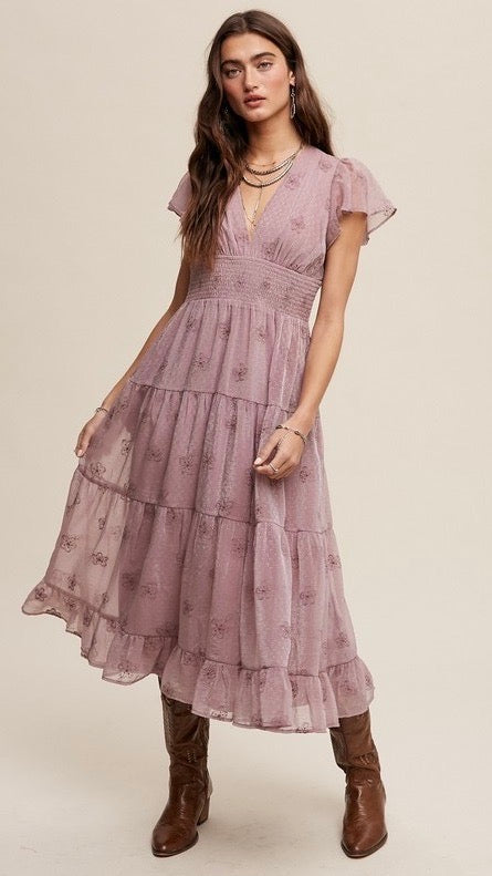 Francesca Embroidered Tulle Midi Dress Dusty Violet