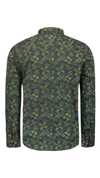 No Excess Allover Printed Dark Green Long Sleeve Stretch Shirt