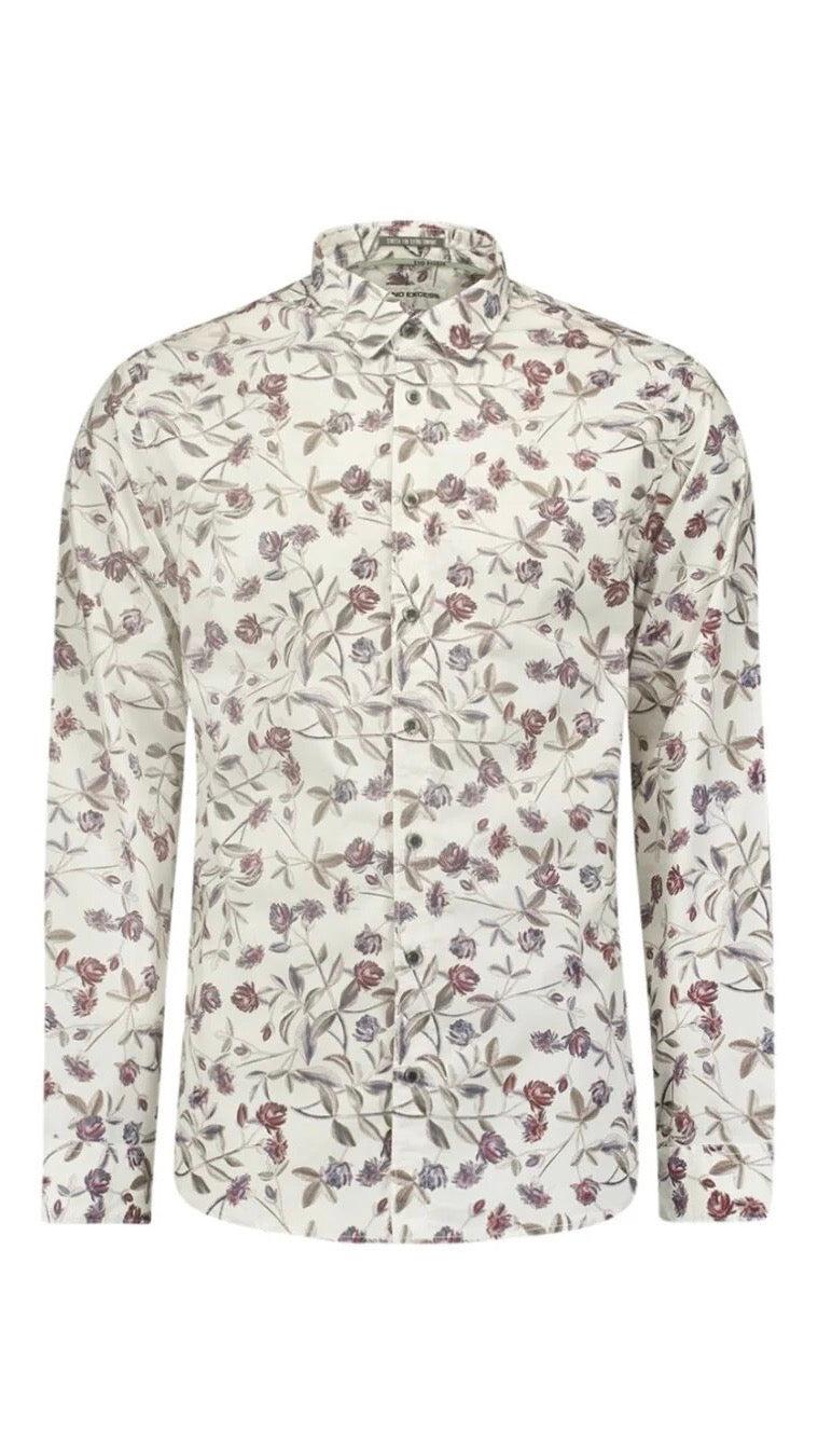 No Excess Allover Printed White Long Sleeve Stretch Shirt