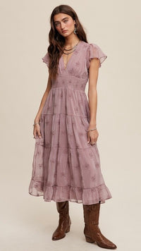 Francesca Embroidered Tulle Midi Dress Dusty Violet