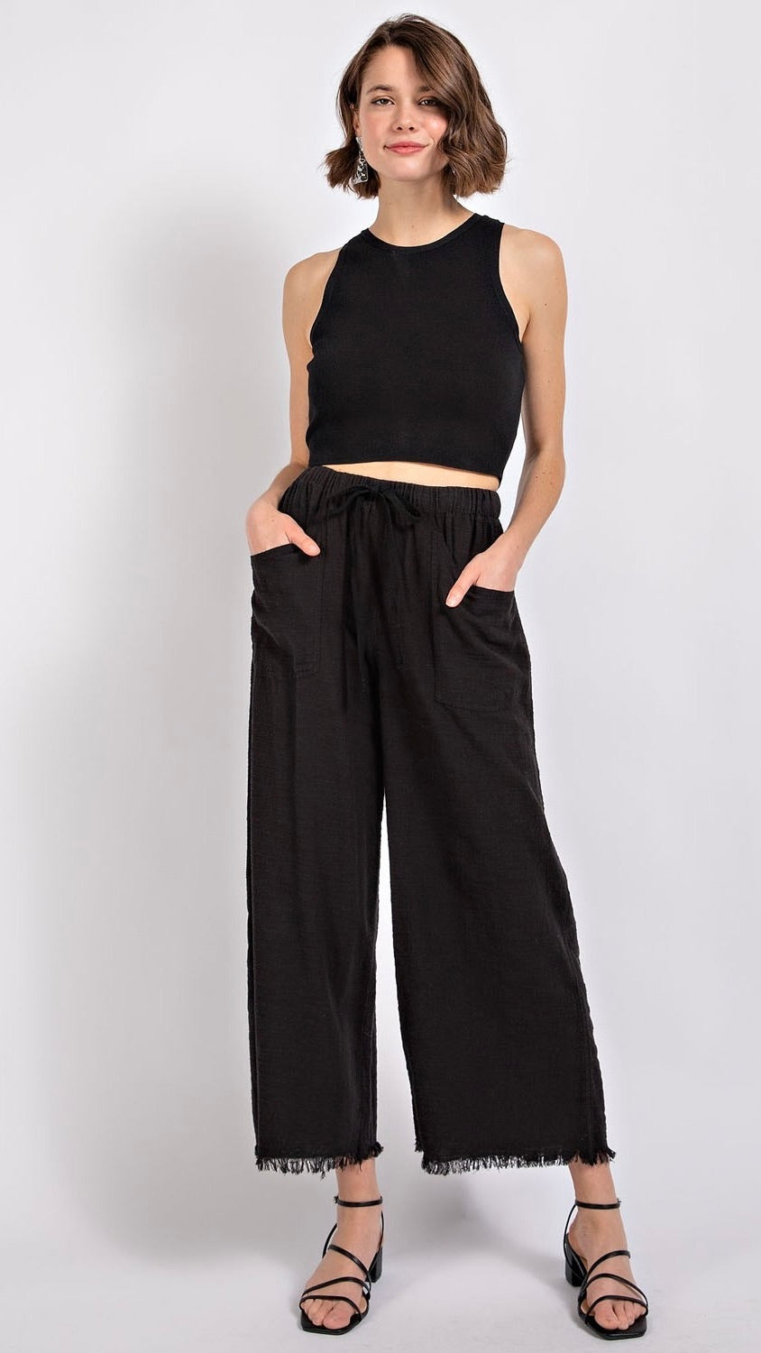 Willa Frayed Bottom Wide Leg Pants Black