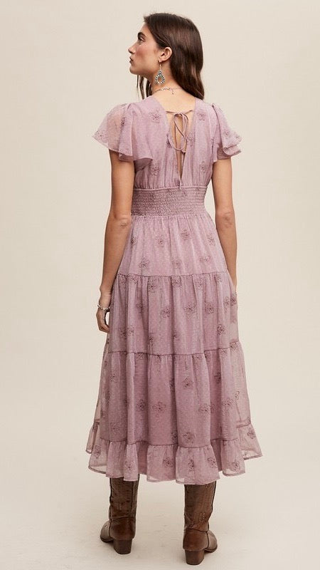 Francesca Embroidered Tulle Midi Dress Dusty Violet