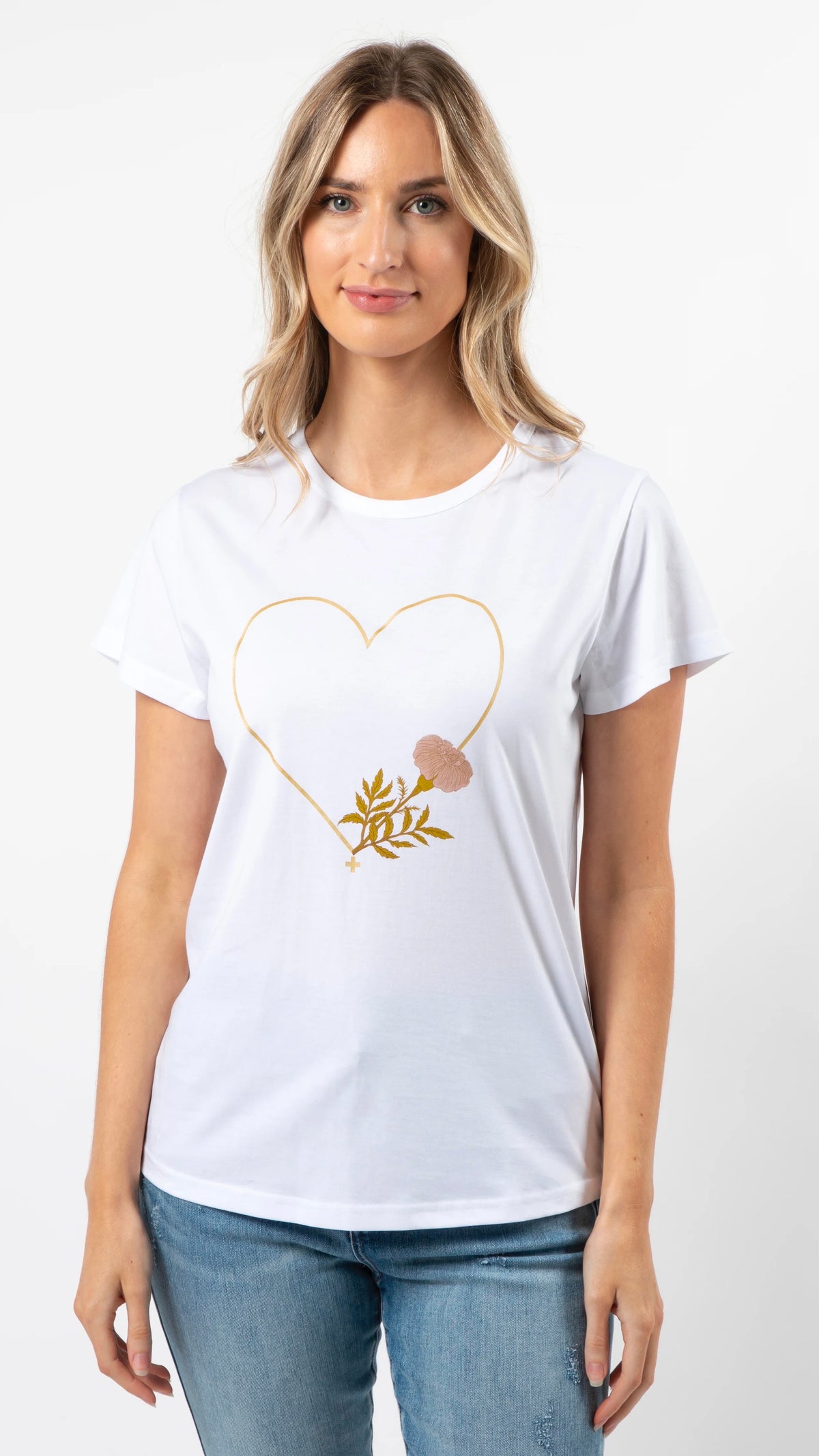 T Shirt White Flore with Gold Heart