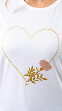 T Shirt White Flore with Gold Heart