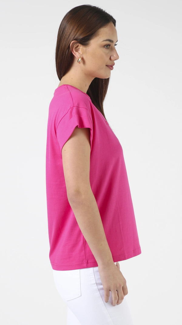 Cuff Sleeve T-Shirt Cerise Pink Embroidered Logo