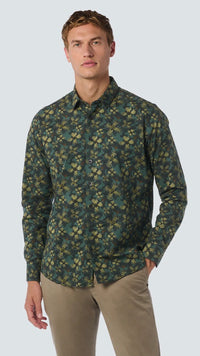 No Excess Allover Printed Dark Green Long Sleeve Stretch Shirt