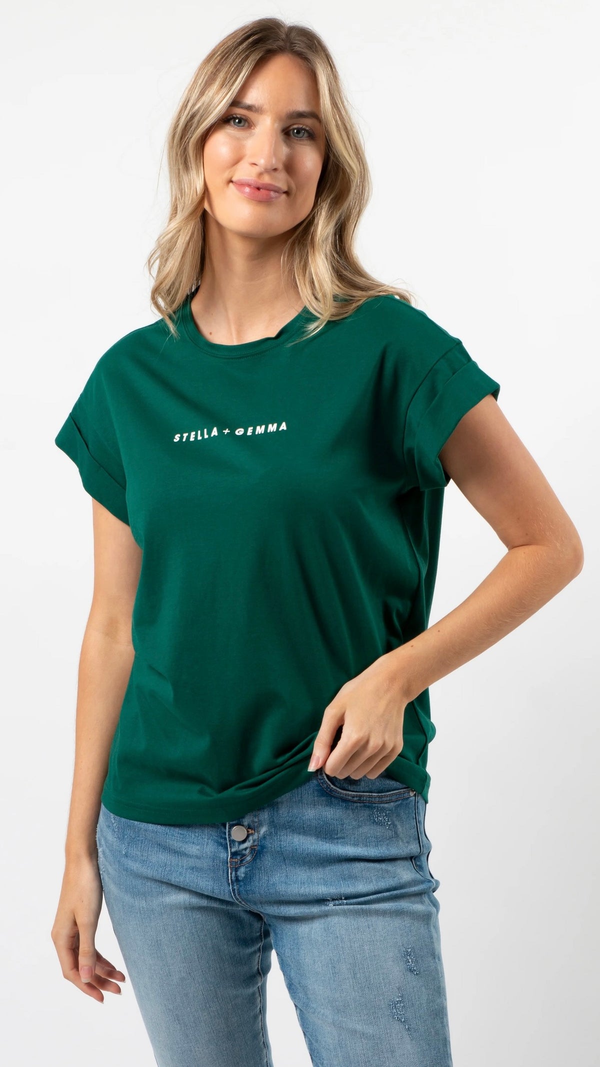 Cuff Sleeve T-Shirt  Embroidered Logo Pine