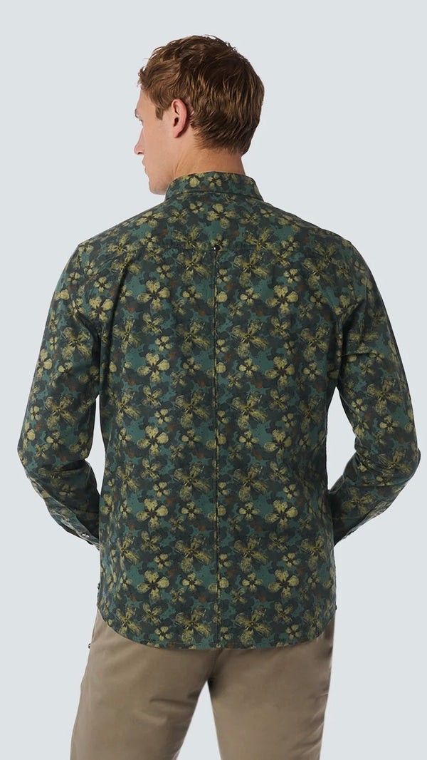 No Excess Allover Printed Dark Green Long Sleeve Stretch Shirt