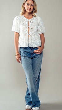 Floral Embroidered Tie Front Top White