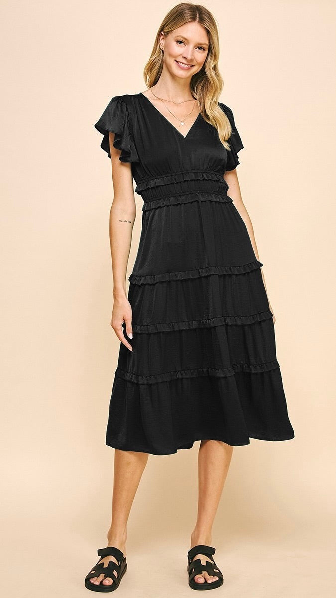 Delilah Satin Tiered Dress Black