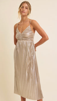 Siren Metallic Pleated Midi Dress Champagne