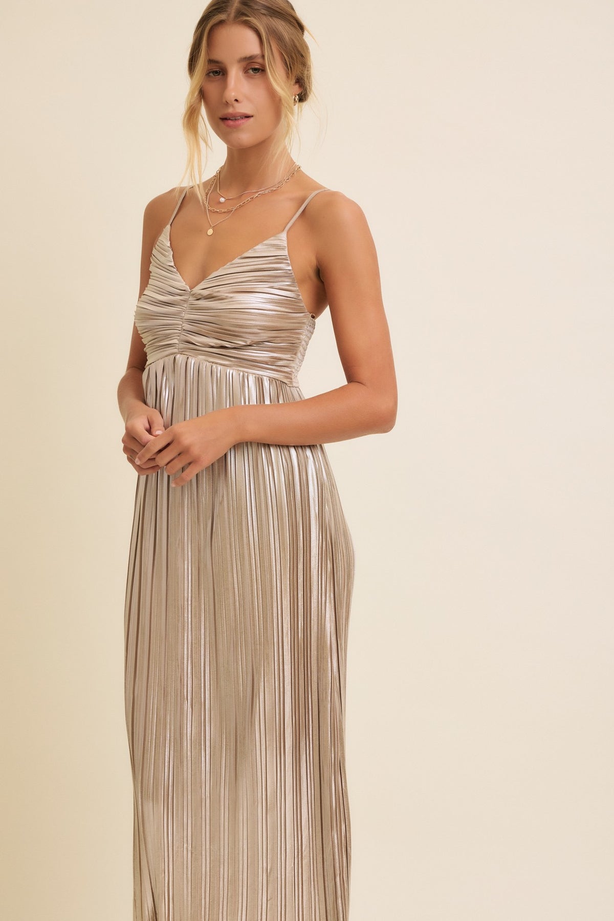 Siren Metallic Pleated Midi Dress Champagne