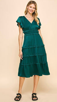 Delilah Satin Tiered Dress Deep Green