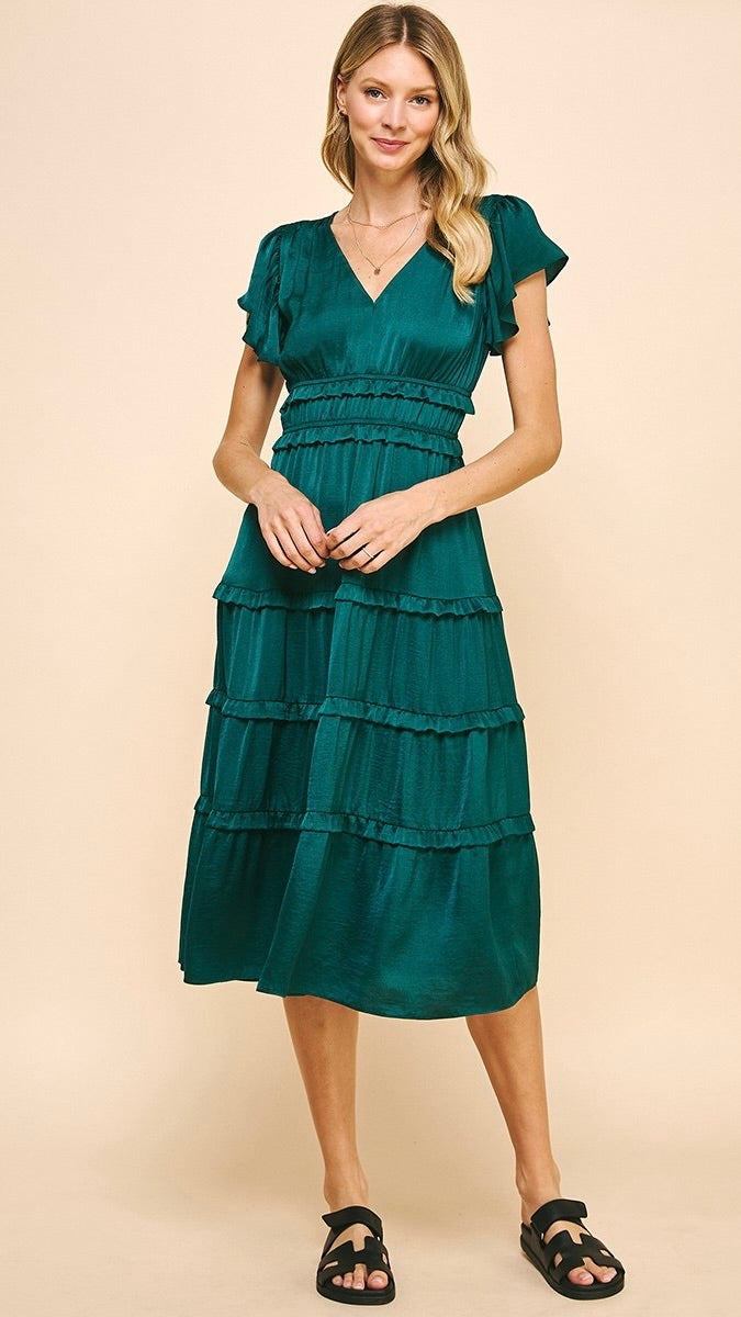 Delilah Satin Tiered Dress Deep Green