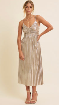 Siren Metallic Pleated Midi Dress Champagne