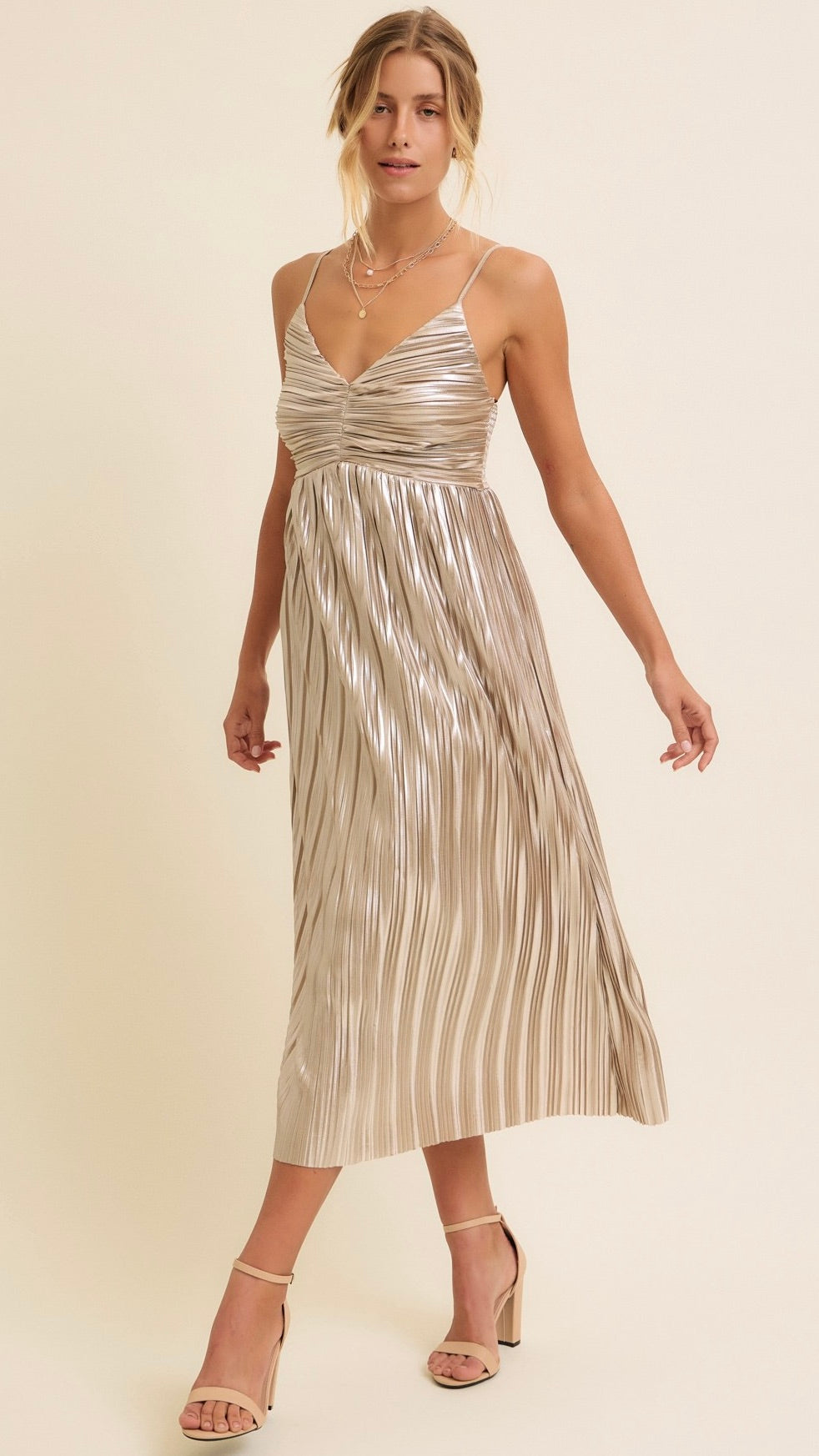 Siren Metallic Pleated Midi Dress Champagne