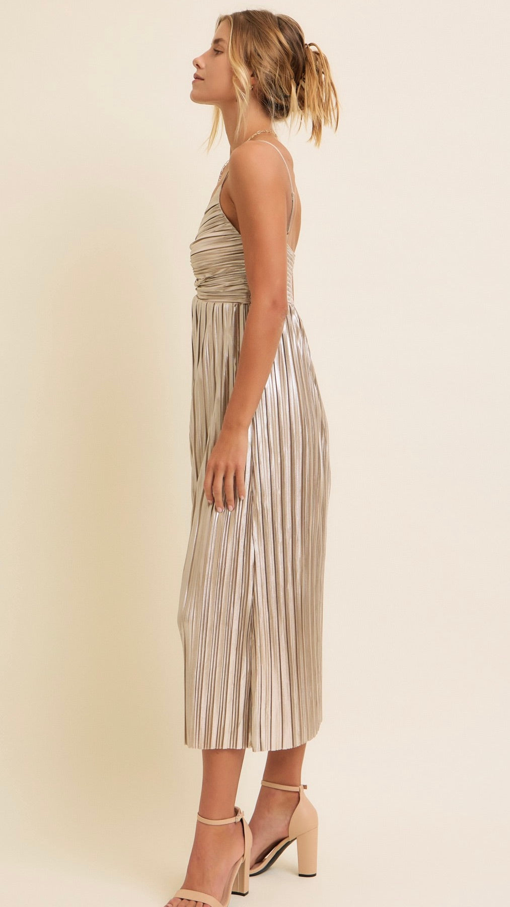 Siren Metallic Pleated Midi Dress Champagne