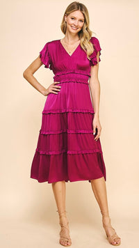 Delilah Satin Tiered Dress Berry