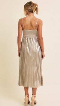 Siren Metallic Pleated Midi Dress Champagne