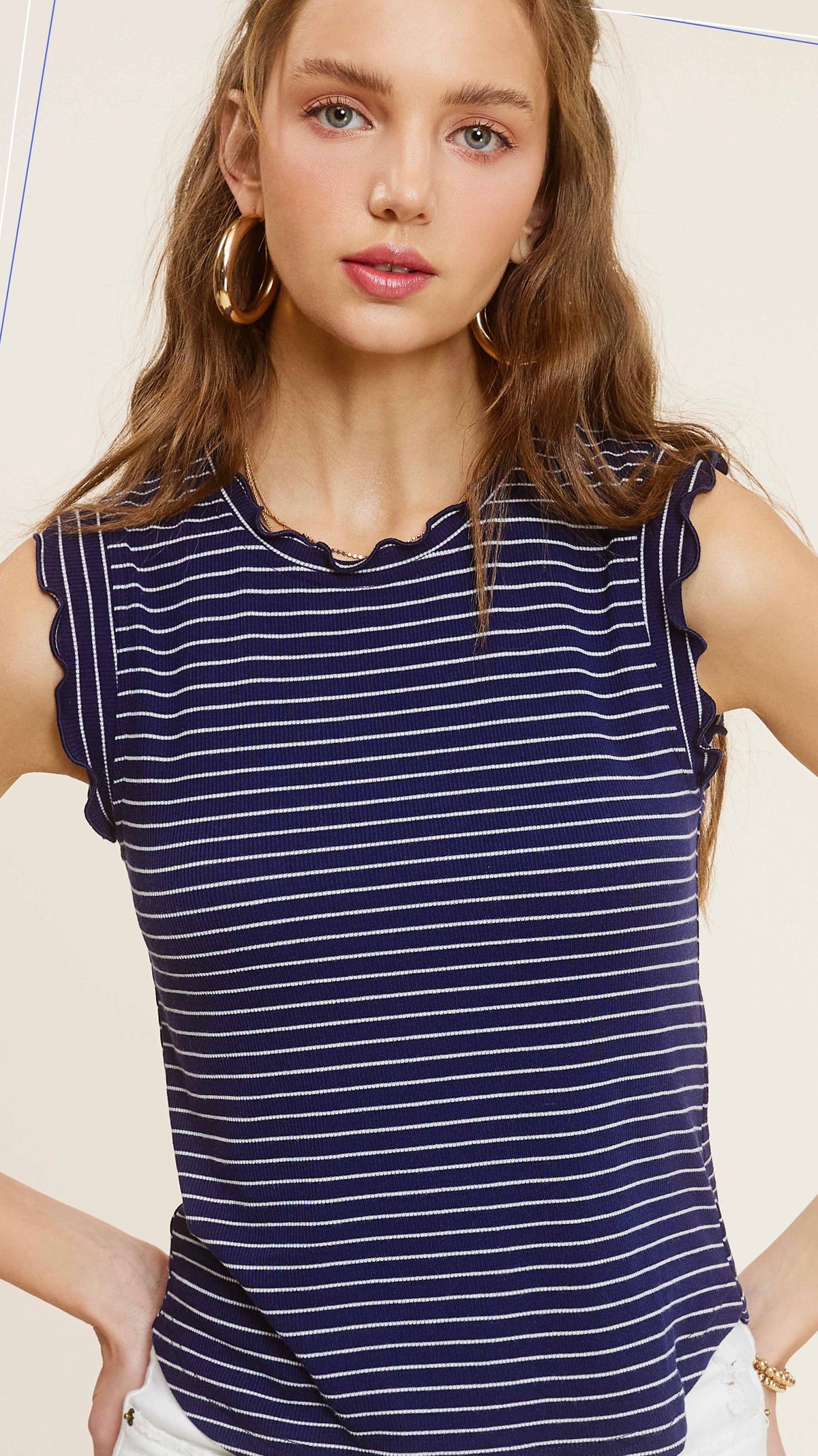 Tess Ribbed Ruffle Top Navy