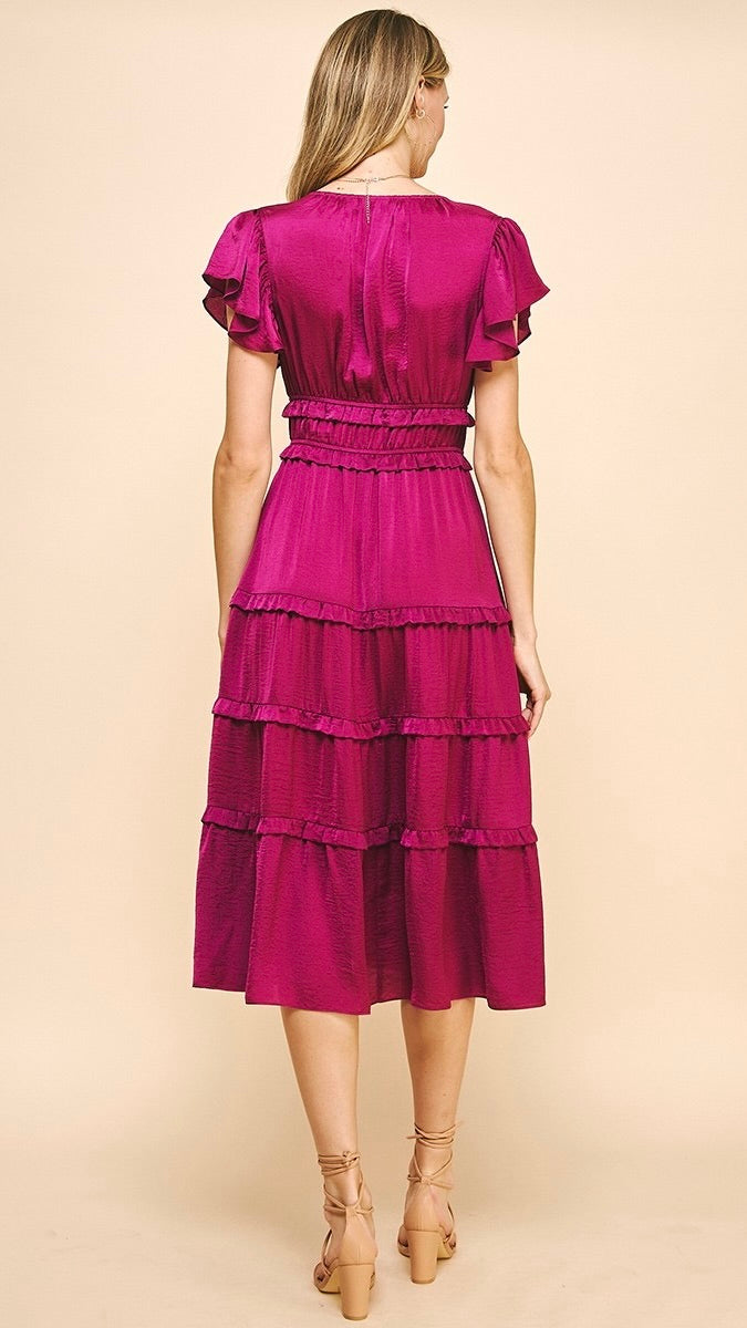 Delilah Satin Tiered Dress Berry