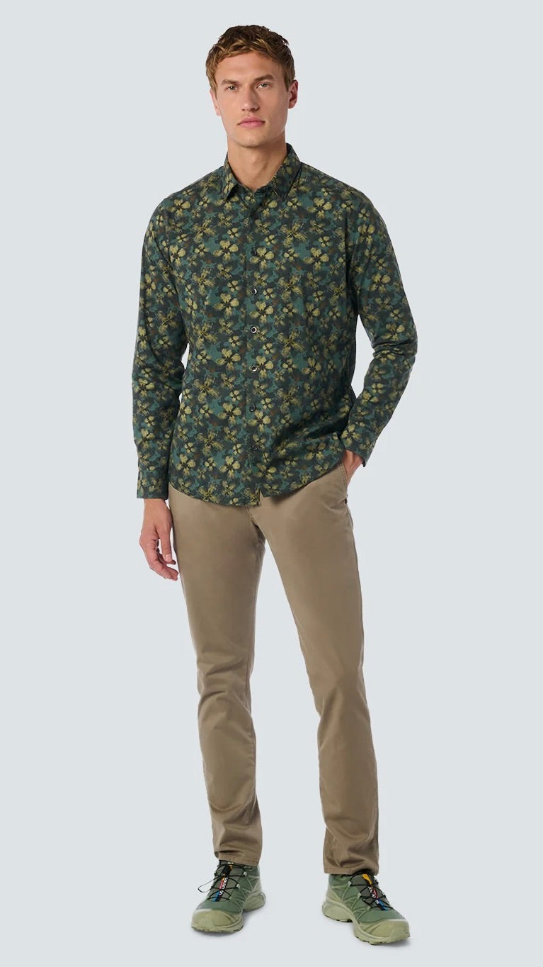 No Excess Allover Printed Dark Green Long Sleeve Stretch Shirt