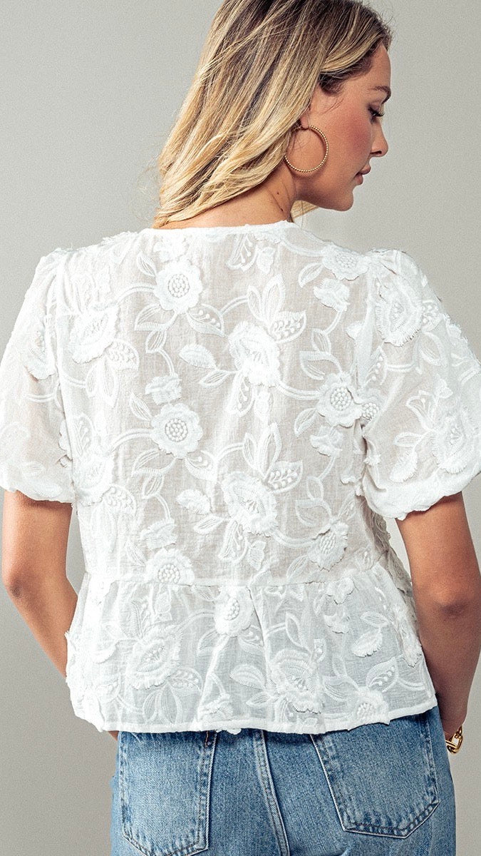 Floral Embroidered Tie Front Top White